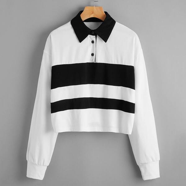 

Plus Color-block Half Button Drop Shoulder Sweatshirt, Black and white