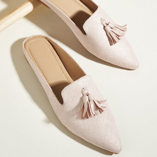 

Tassel Charm Woven Pattern Flat Mules, Pink