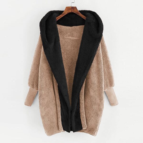 

Plus Open Front Hooded Teddy Coat, Apricot