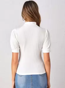 SHEIN Privé 小高領泡泡袖羅紋針織上衣 - 白色 - 查看 2