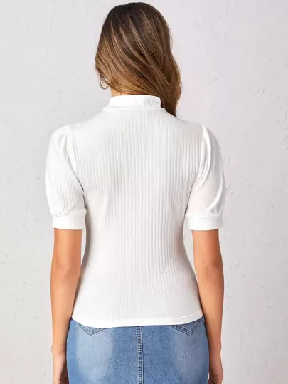 SHEIN Privé Mock-neck Puff Sleeve Rib-knit Top