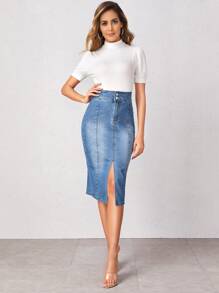 SHEIN Privé 小高領泡泡袖羅紋針織上衣 - 白色 - 查看 3