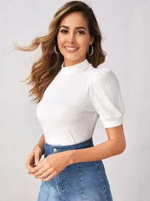 SHEIN Privé 小高領泡泡袖羅紋針織上衣 - 白色 - 查看 4