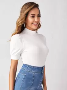 SHEIN Privé 小高領泡泡袖羅紋針織上衣 - 白色 - 查看 5