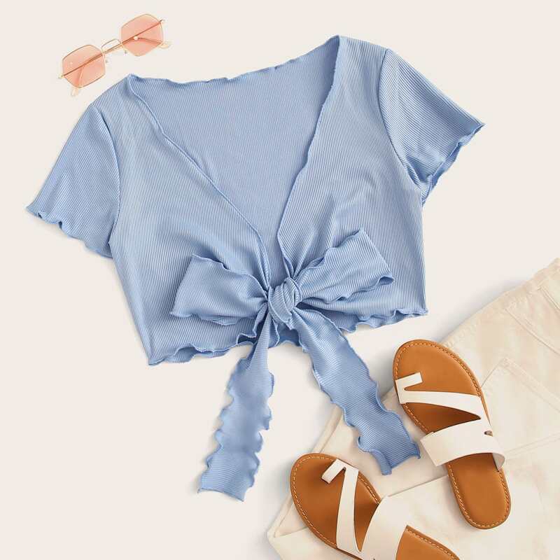 

Lettuce Edge Tie Front Crop Top, Dusty blue