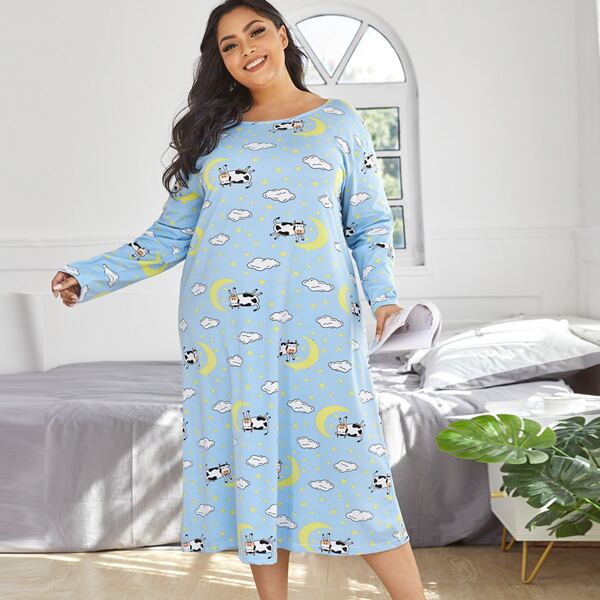 

Plus Cartoon And Galaxy Print Night Dress, Baby blue