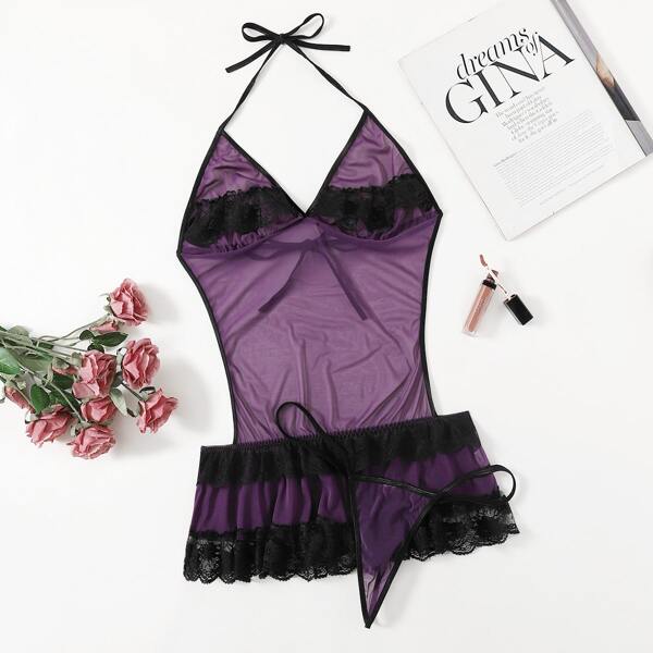 

Plus Contrast Lace Mesh Halter Dress With Thong, Purple