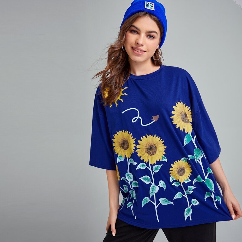 

Sun & Sunflower Graphic Oversized Tee, Royal blue