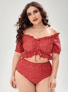SHEIN Swim Curve 大码碎花荷叶边 Bardot 比基尼套装夏季海滩 - 紅色 - 查看 1