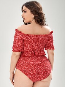 SHEIN Swim Curve 大码碎花荷叶边 Bardot 比基尼套装夏季海滩 - 紅色 - 查看 2