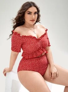 SHEIN Swim Curve 大码碎花荷叶边 Bardot 比基尼套装夏季海滩 - 紅色 - 查看 3