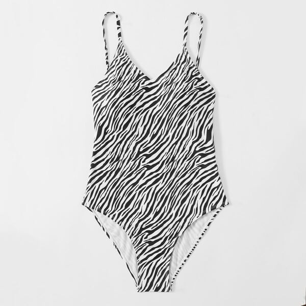 

Zebra Stripe One Piece Swimsuit, Black and white