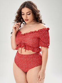 SHEIN Swim Curve 大码碎花荷叶边 Bardot 比基尼套装夏季海滩 - 紅色 - 查看 4