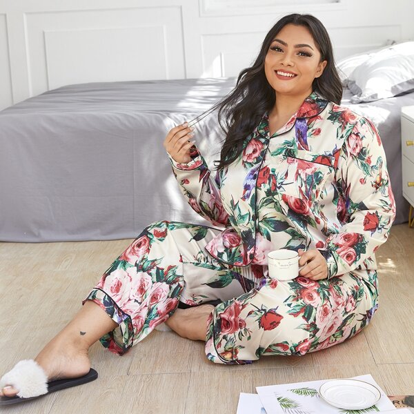 

Plus Floral Print Satin Pajama Set, Multicolor