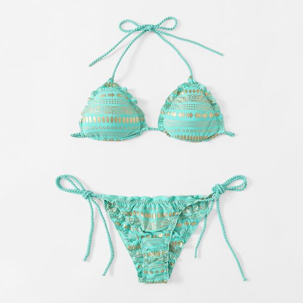 

Greek Fret Frill Trim Tie Side Halter Bikini Swimsuit, Mint green