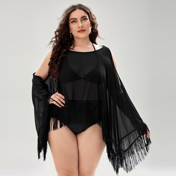 

Plus Mesh Fringe Hem Cold Shoulder Cover Up, Black