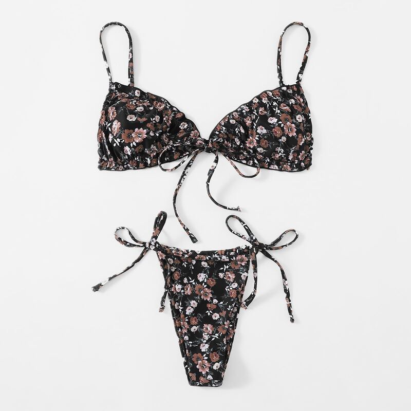 

Allover Floral Tie Side Thong Bikini Swimsuit, Multicolor