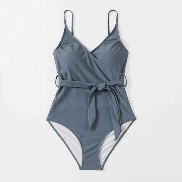 

Plain Surplice Neck Belted One Piece Swimsuit, Blue