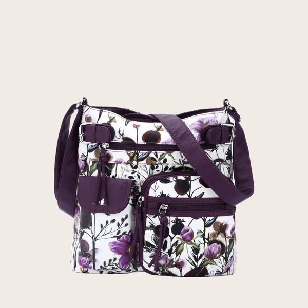 

3D Floral Pocket Front Crossbody Bag, Purple