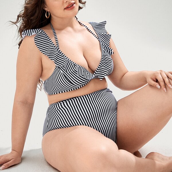 

Plus Striped Ruffle Trim Halter Bikini Swimsuit, Black and white