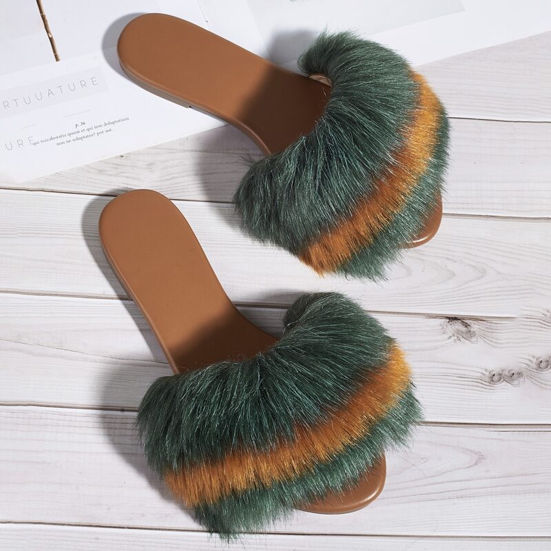 

Color Block Faux Fur Slide Sandals, Multicolor