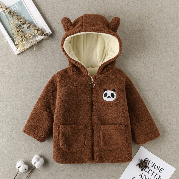 

Toddler Boys Panda Embroidered 3D Ears Design Hooded Teddy Coat, Chocolate brown