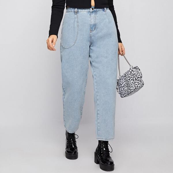 

Plus High Waist Chain Detail Mom Jeans, Light wash