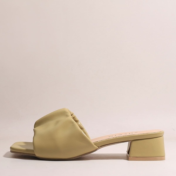 

Ruched Block Heeled Mules, Khaki