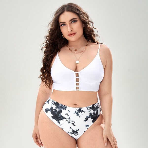 

Plus Tie Dye Cut-out Bikini Swimsuit, Black and white