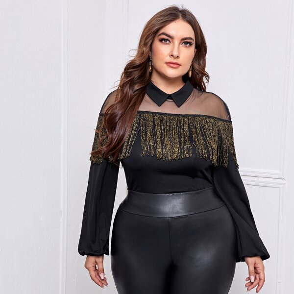 

Plus Collared Mesh Shoulder Fringe Trim Top, Black