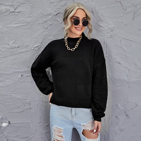 

Mock Neck Drop Shoulder Solid Sweater, Black