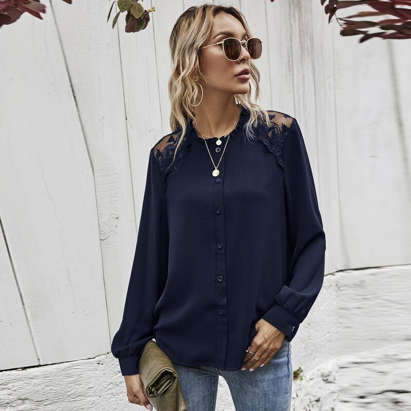 

Lace Panel Frill Neck Button Front Blouse, Navy blue
