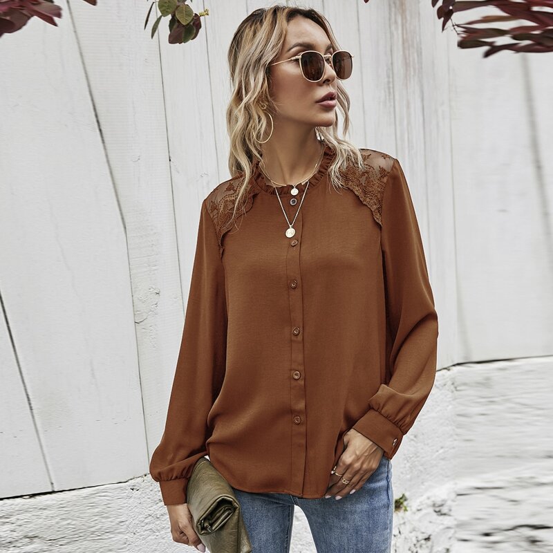

Lace Panel Frill Neck Button Front Blouse, Brown