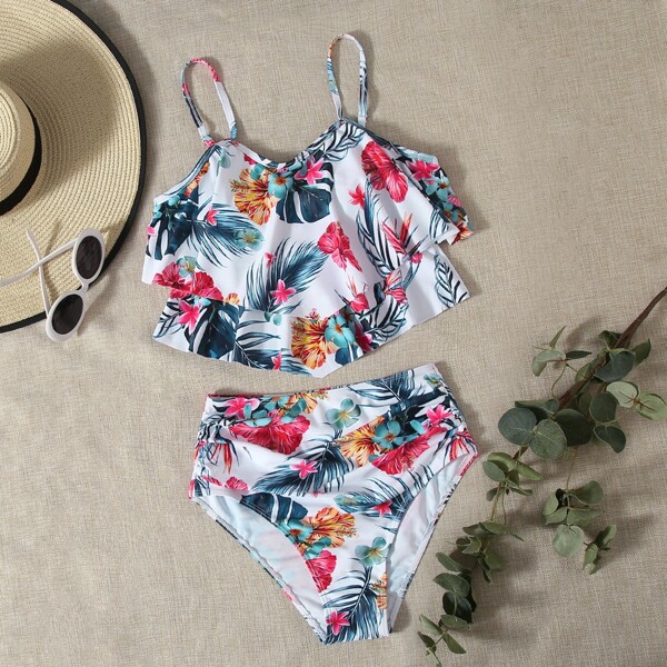 

Floral & Tropical Ruffle Hem Bikini Swimsuit, Multicolor