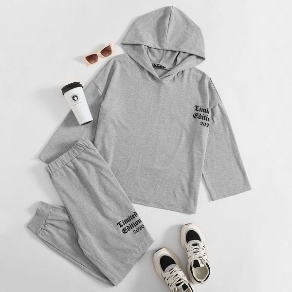 

Plus Letter Graphic Hoodie With Sweatpants, Grey