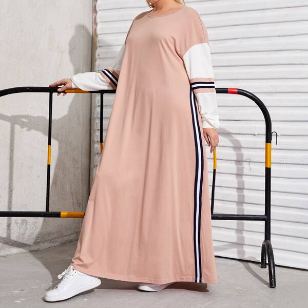 

Plus Drop Shoulder Striped Tape Detail Colorblock Dress, Baby pink