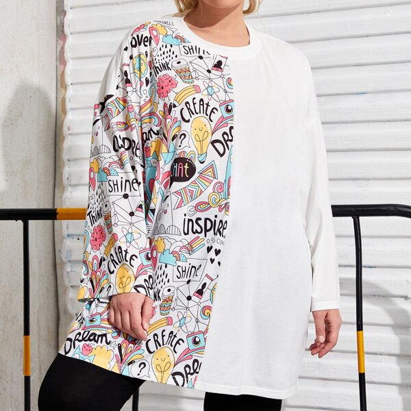 

Plus Drop Shoulder Cartoon Spliced Tee, Multicolor