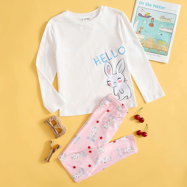 

Girls Cartoon and Letter Print Top & Pants PJ Set, Multicolor