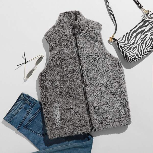

Zipper Front Teddy Sleeveless Jacket, Dark grey