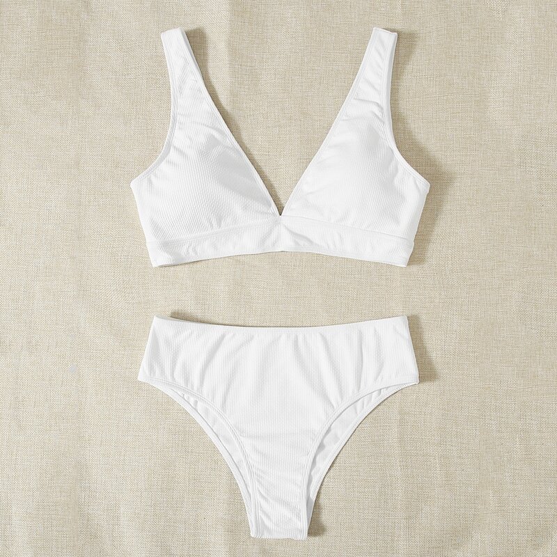 

Textured V Neck Bikini Swimsuit, White