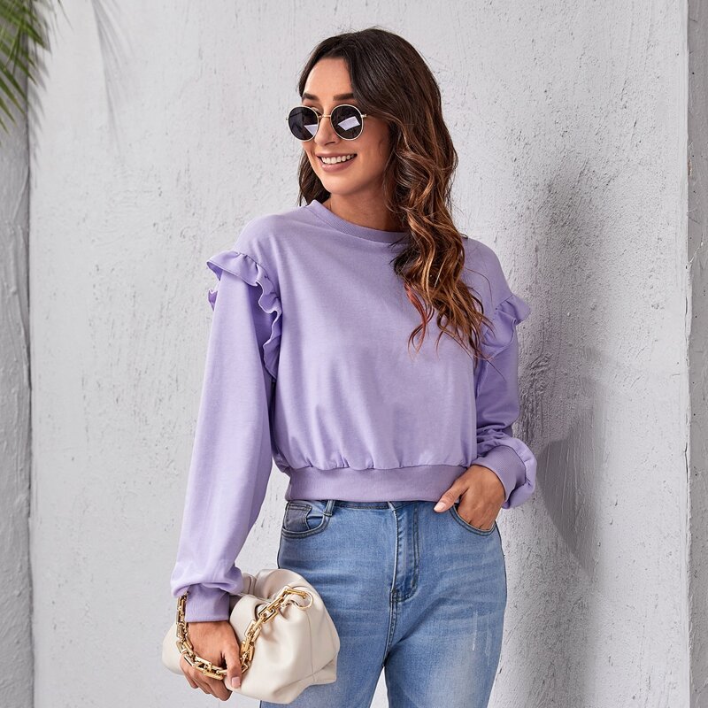 

Drop Shoulder Ruffle Trim Crop Pullover, Lilac purple