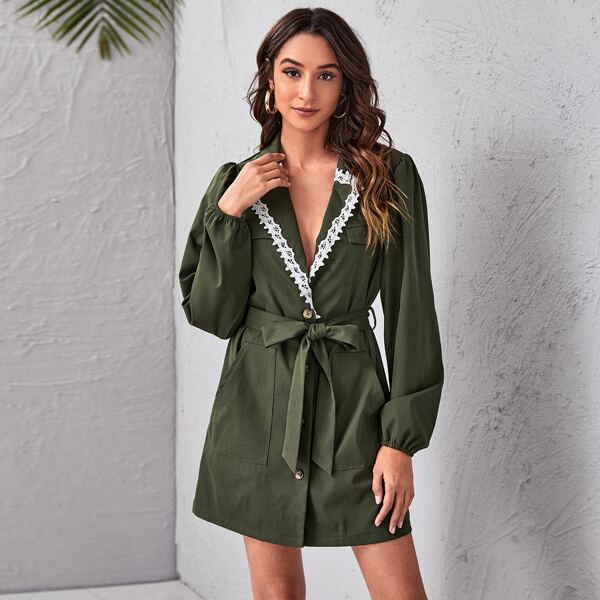 

Puff Sleeve Lace Trim Belted Slant Pocket Dress, Army green