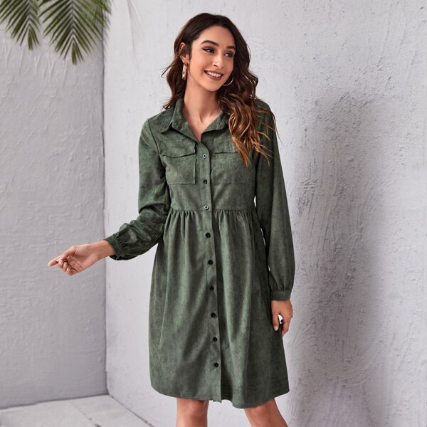 

Flap Pocket Button Front Cord Dress, Army green