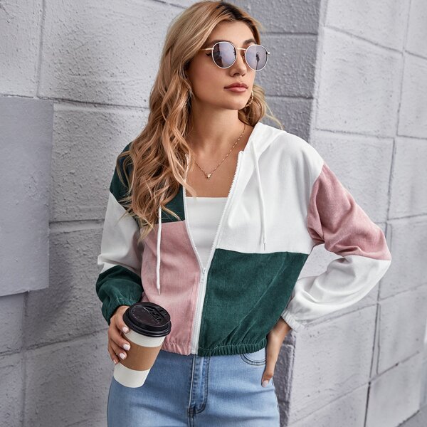 

Zip Up Drop Shoulder Colorblock Hoodie, Multicolor
