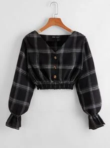 Button Front Bell Sleeve Shirred Tight 