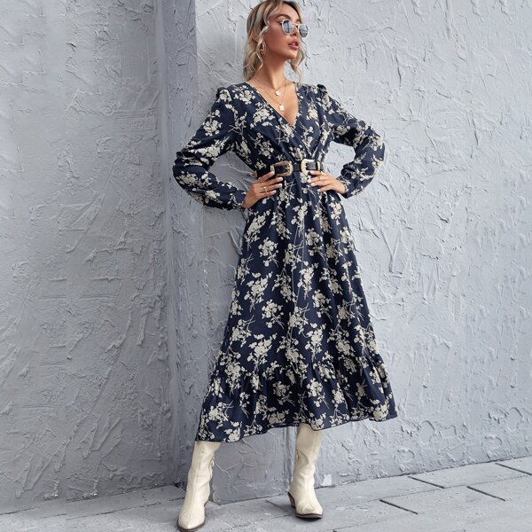 

Allover Floral Print Surplice Neck Dress Without Belt, Multicolor