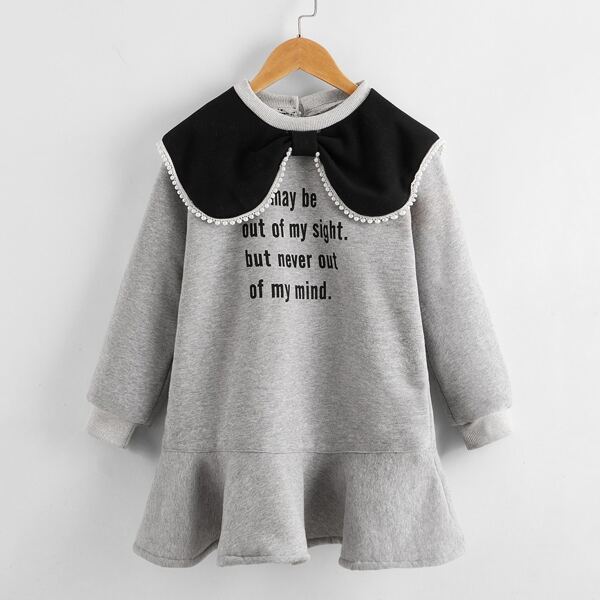 

Girls Slogan Graphic Peter Pan Collar Beaded Sweatshirt Dress, Grey
