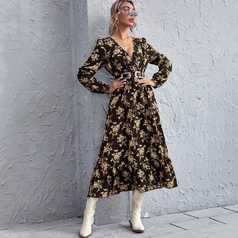 

Allover Floral Print Surplice Neck Dress Without Belt, Multicolor