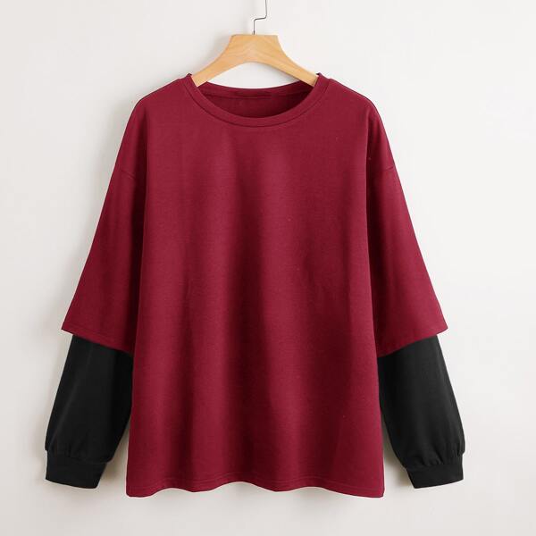 

Drop Shoulder Color Block 2 In 1 Pullover, Rose red