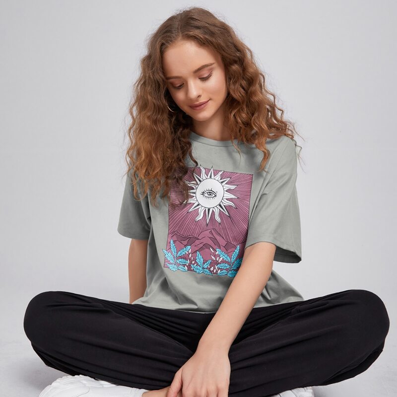 

Sun & Eye Graphic Oversized Tee, Grey